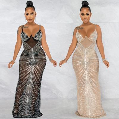 Rhinestone Mesh See-Through Camisole Bustier Long Dress