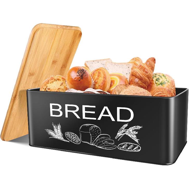 JIGUOOR Black Bread Box, Large Space Saving Vertical Metal Bread Box with Wooden Cutting Board Lid, Holds 2+ Loaves, Farmhouse Bread Bins Kitchen