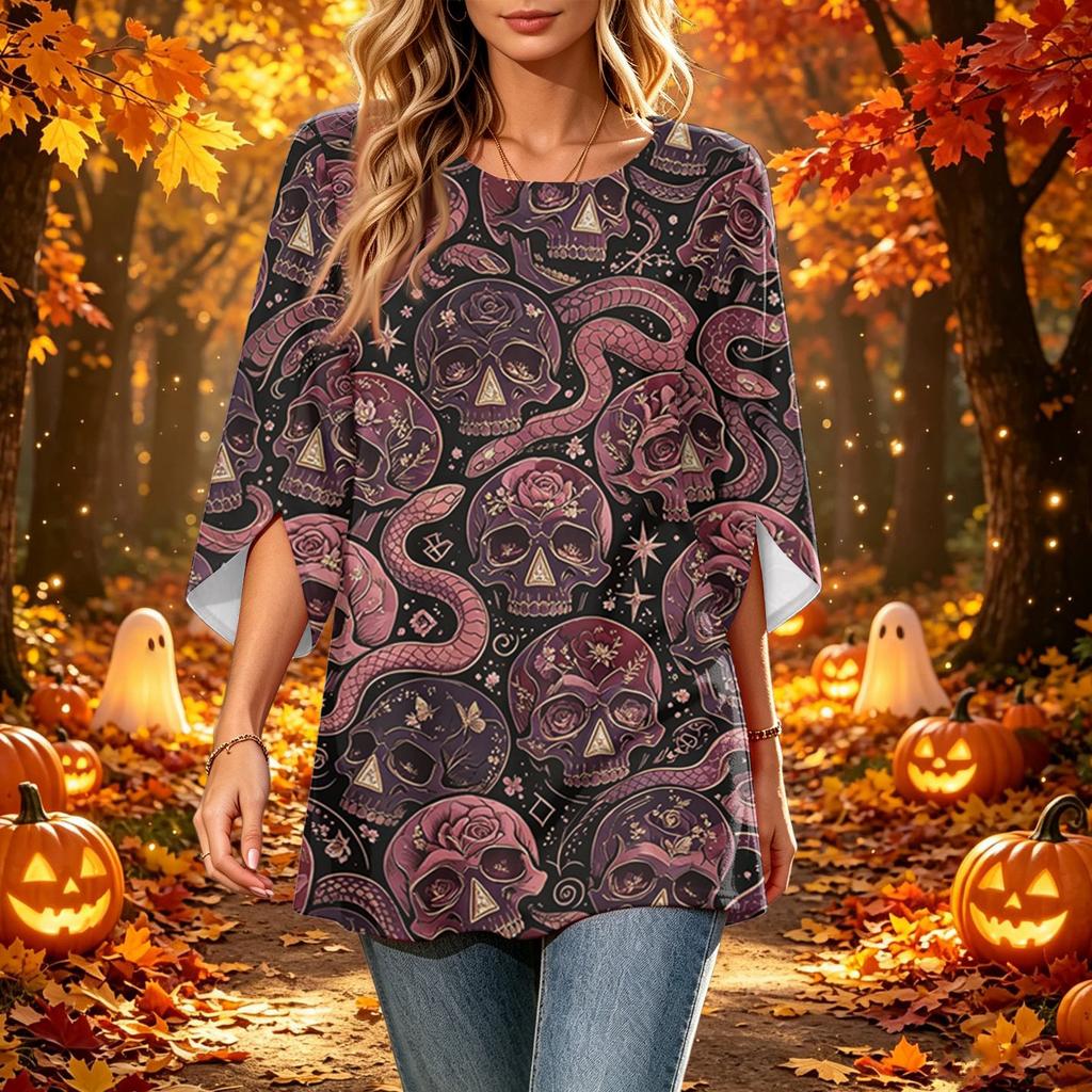 Women's Halloween Printed Casual Loose Fit Top with Round Neck and Three-Quarter Sleeves