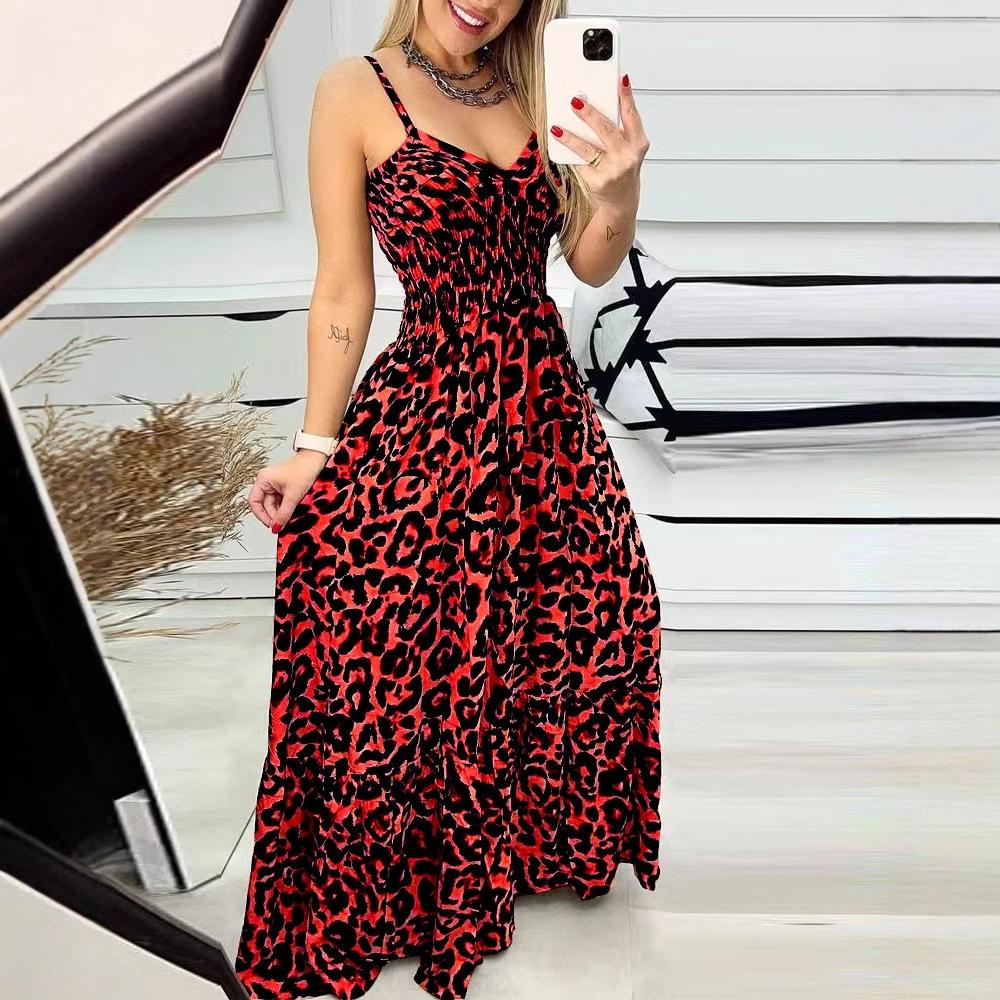 European and American summer new leopard print suspender V-neck dress, high waist skirt, sexy temperament fashion long dress women's clothing