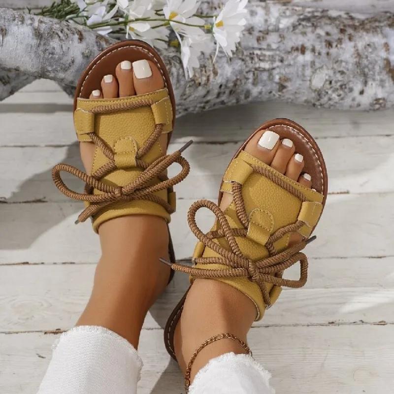 Fashion Plus Size 2025 New Hot Sale Women's Open Toe Slippers Outdoor Casual Lace Up Low Heel Sandals Summer Daily Beach Rome Slippers