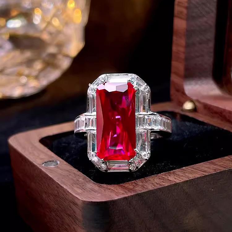 Luxury Red Corundum Pendant with High-Carbon Diamond & Blue Spinel Ring Stud Earrings Gemstone Set for Women