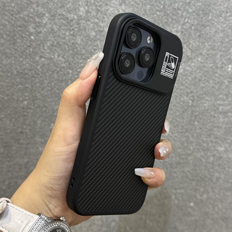 Titanium Gray Metal Lens Holder Carbon Fiber Phone Case for iPhone 15 14 13 Pro Max Full Shockproof Metal Button Hard Back Cover