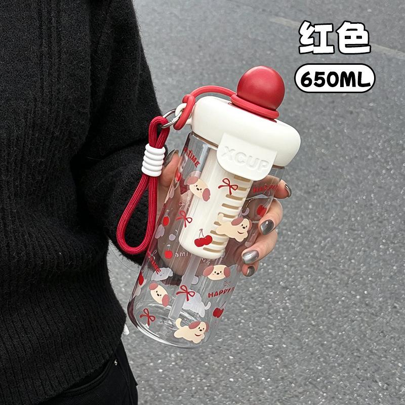 Water bottle summer plastic cup cup lifting rope portable water cup student cute straw cup cartoon cute plastic cup