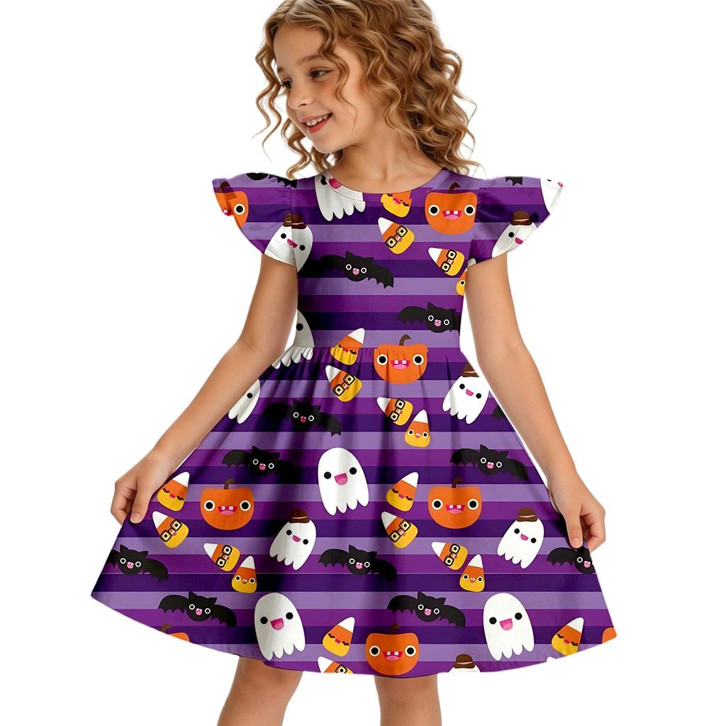 Girls Halloween Casual Dress Round Neck Ruffle Sleeve A-Line Dress Soft Comfortable Fabric Suitable for Daily Wear and Parties