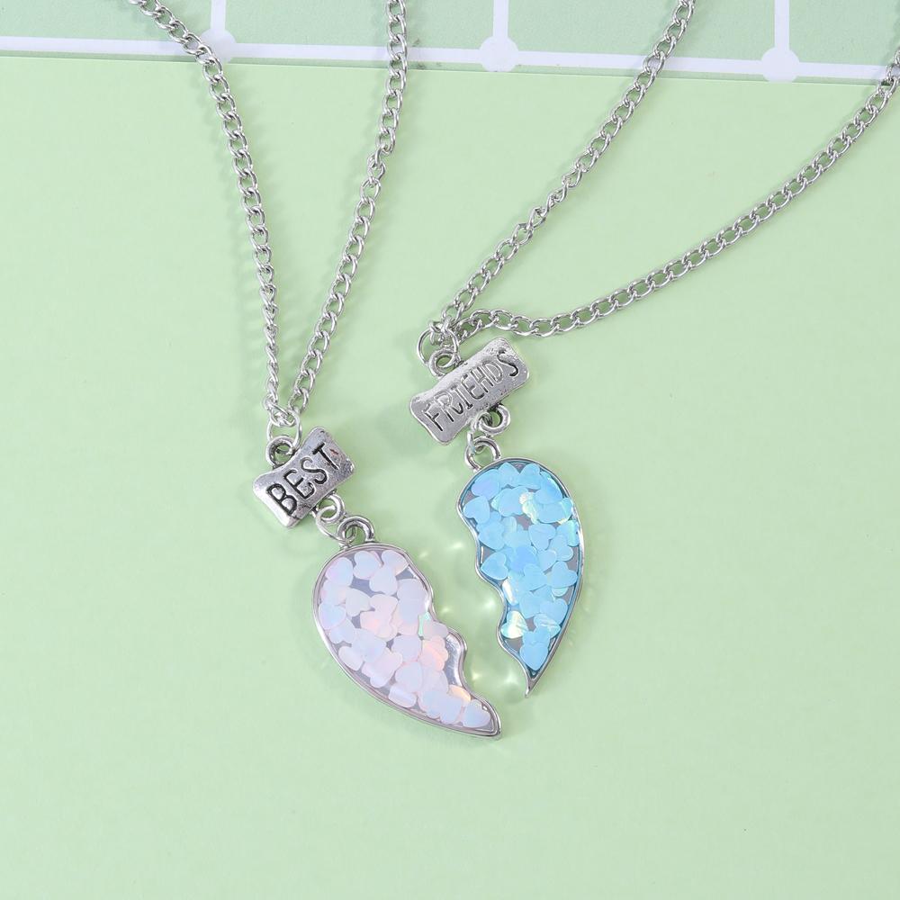 2 Pcs Best Friends Charm Necklace Set Blue And Pink Half Heart Matching Pendant Choker For Girls Friendship Memorial BFF Gift