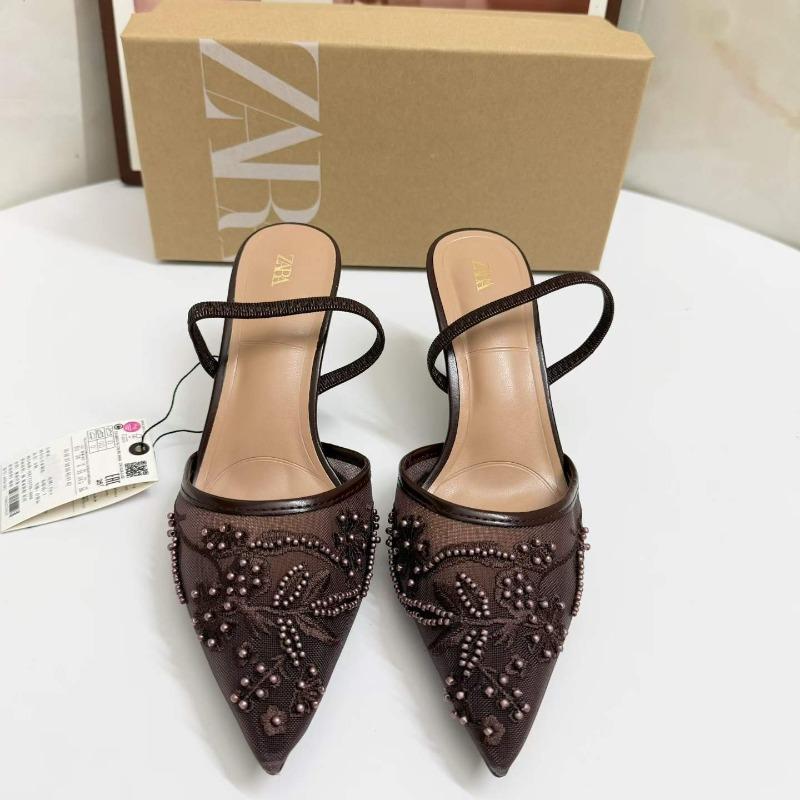 

ZA new pointed head fine heel mesh bag head high heels women s lace small fragrance versatile outer wear one word with sandals women 42 темно-коричневого кольору