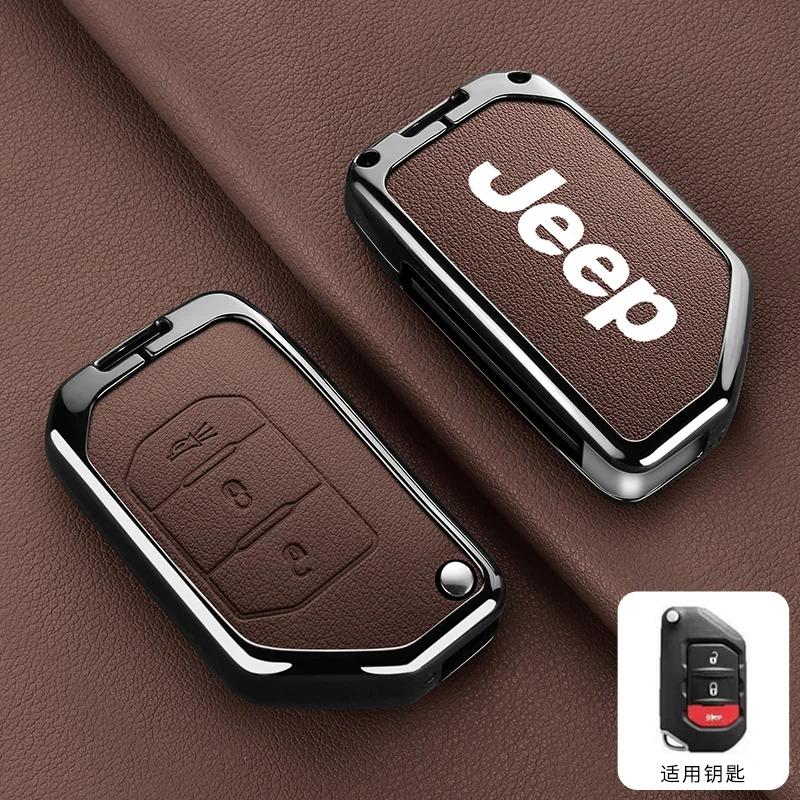 For Jeep Metal Leather Car Key Case Cover Shell Keychain for Jeep Wrangler Gladiator JL JLU Rubicon Sahara JLU JT 2018-2022 A