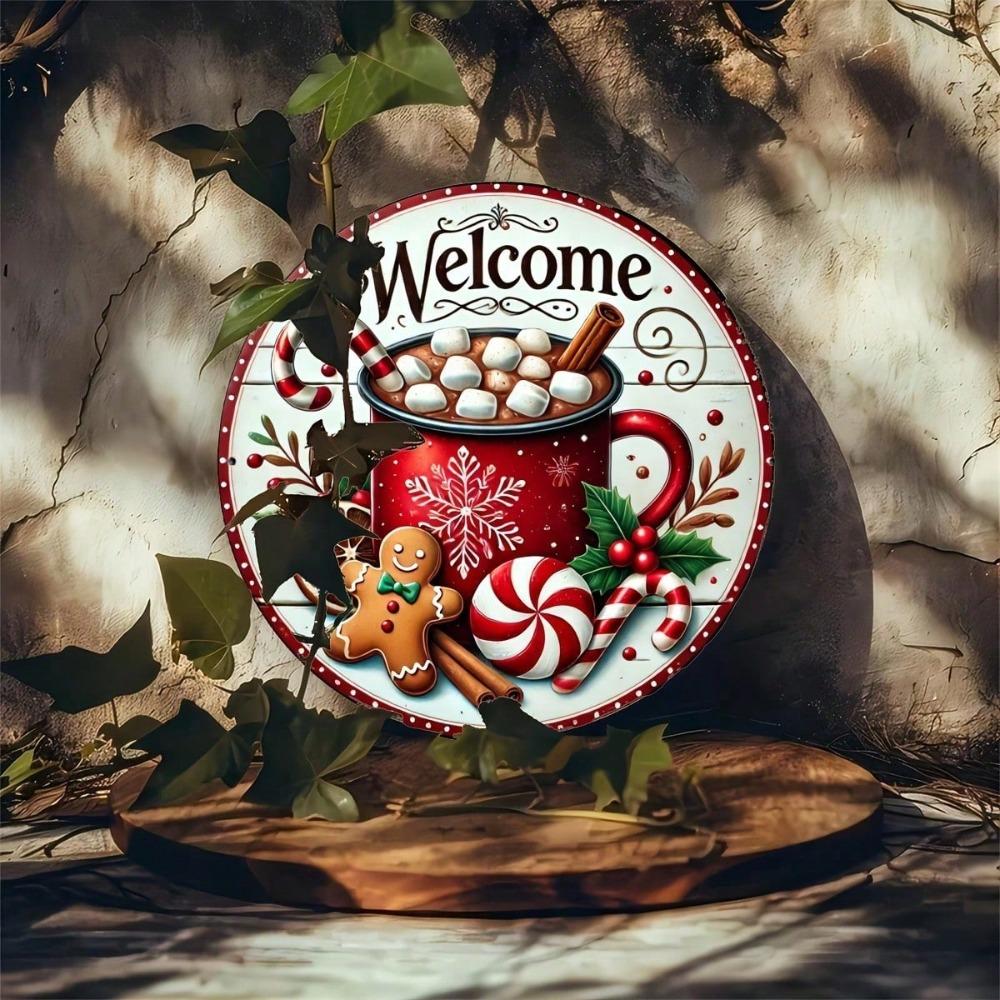 Christmas Welcome Sign Metal Wall Art Round Gingerbread Wreath Decorative Plate 20x20cm