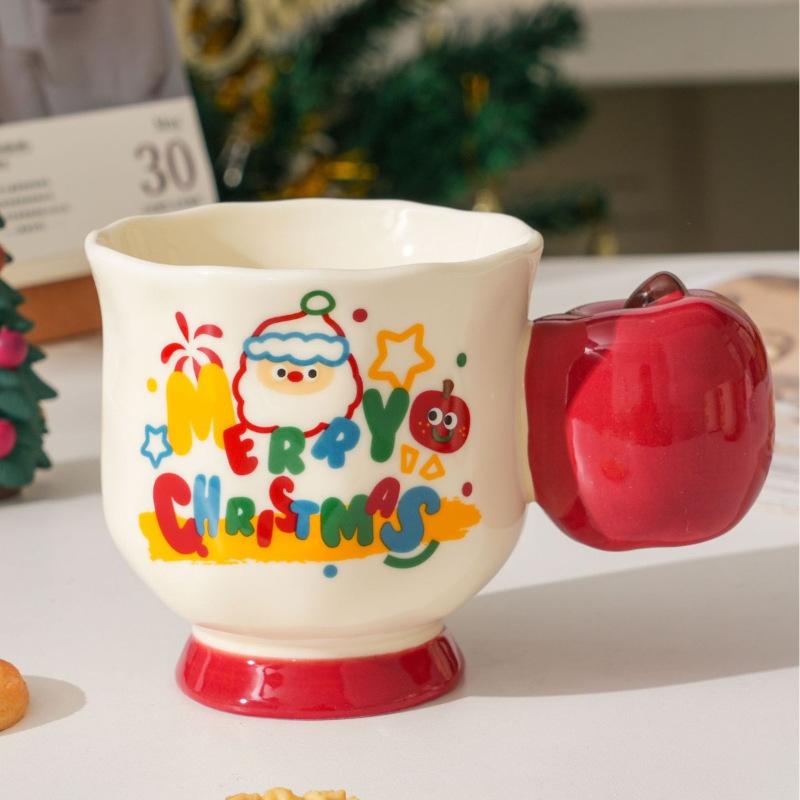 

Christmas Apple Ceramic Cup With Spoon Small Gift Cup Mug Cute Santa Water Cup Large Capacity 350