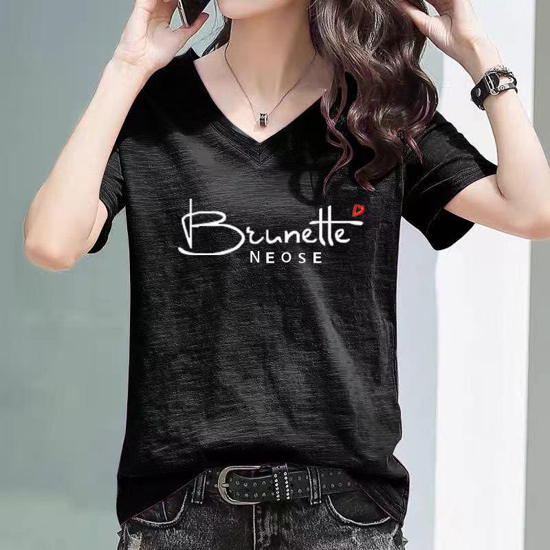 Women's Korean Style Loose Bamboo Cotton V-Neck Printed Half-Sleeve T-Shirt