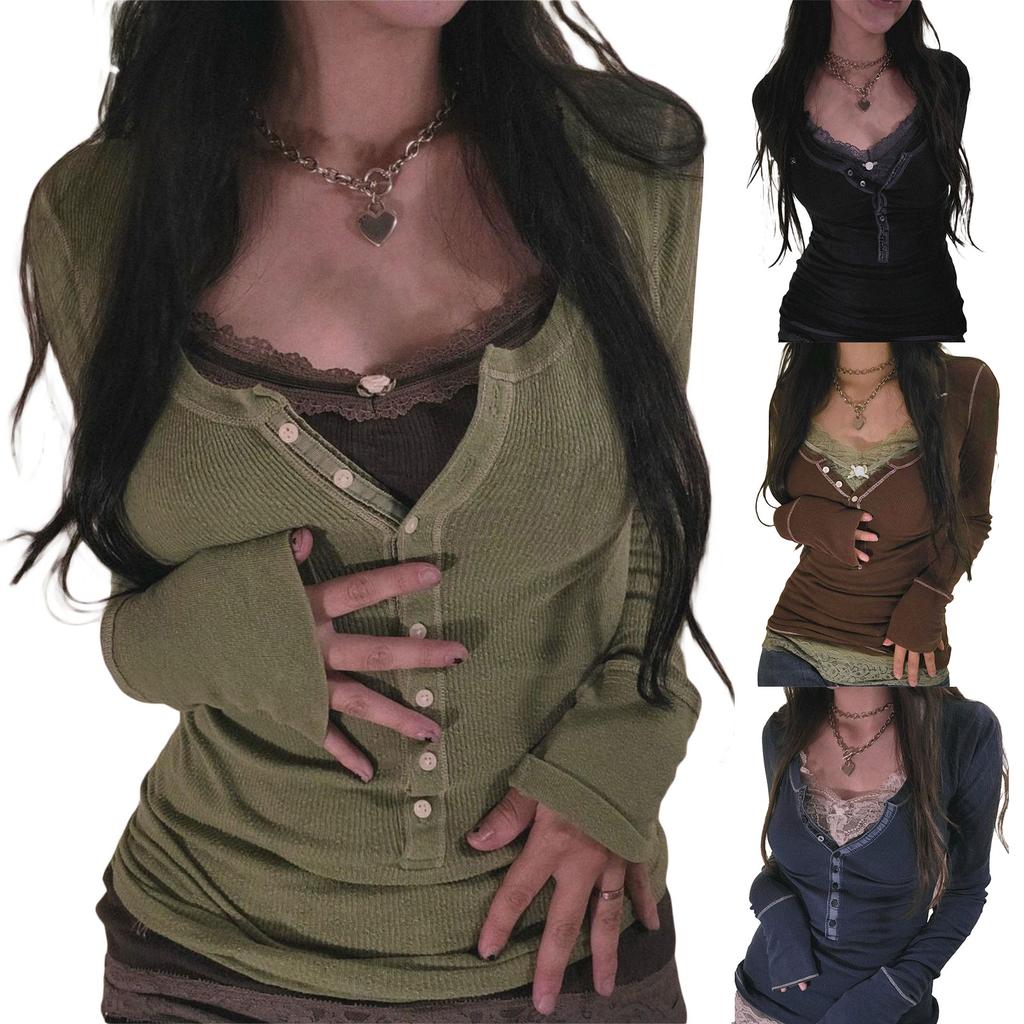 Women 's Autumn Slim T-shirt, Contrast Color Long Sleeve V-Neck Tops Daily Wear Clothing