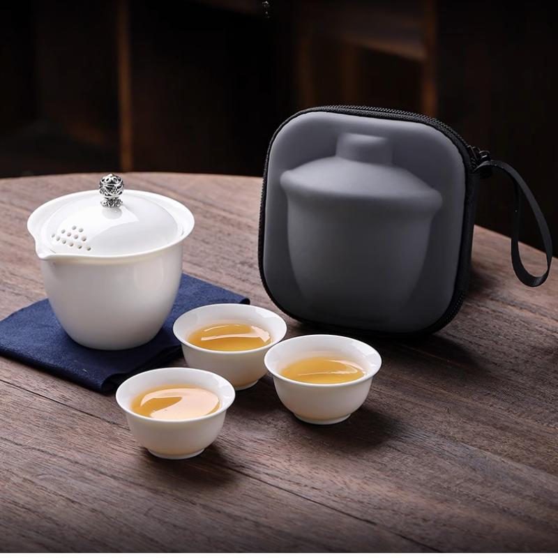Travel Tea Set Lambswool Jade Covered Bowl One Pot Three Cups Kung Fu Tea Set Portable Brewing Tea Cup Companion Gift