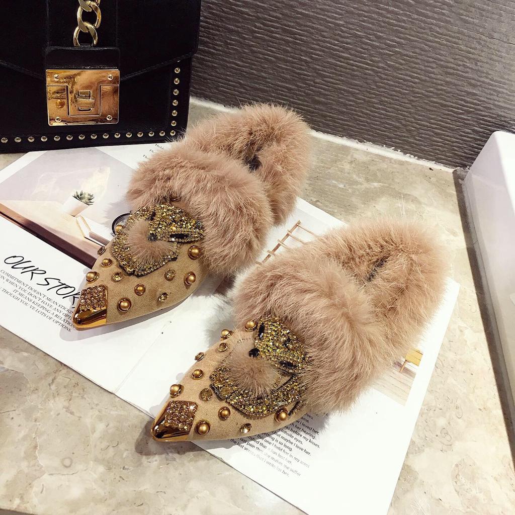Winter Trend Rivet Fox Head Women Fluffy Single Shoes Women Pointed Belt Drill Wear Thermal Cotton Shoes Snow Boots Zapatos Muje