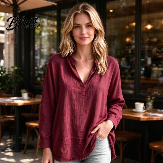 Layered Blouse Women Loose Fit V-Neck Blouse Solid Color Long Sleeve Tassel Hem Daily Wear Shirt Casual Fringe Trim Tops for Business Commuting