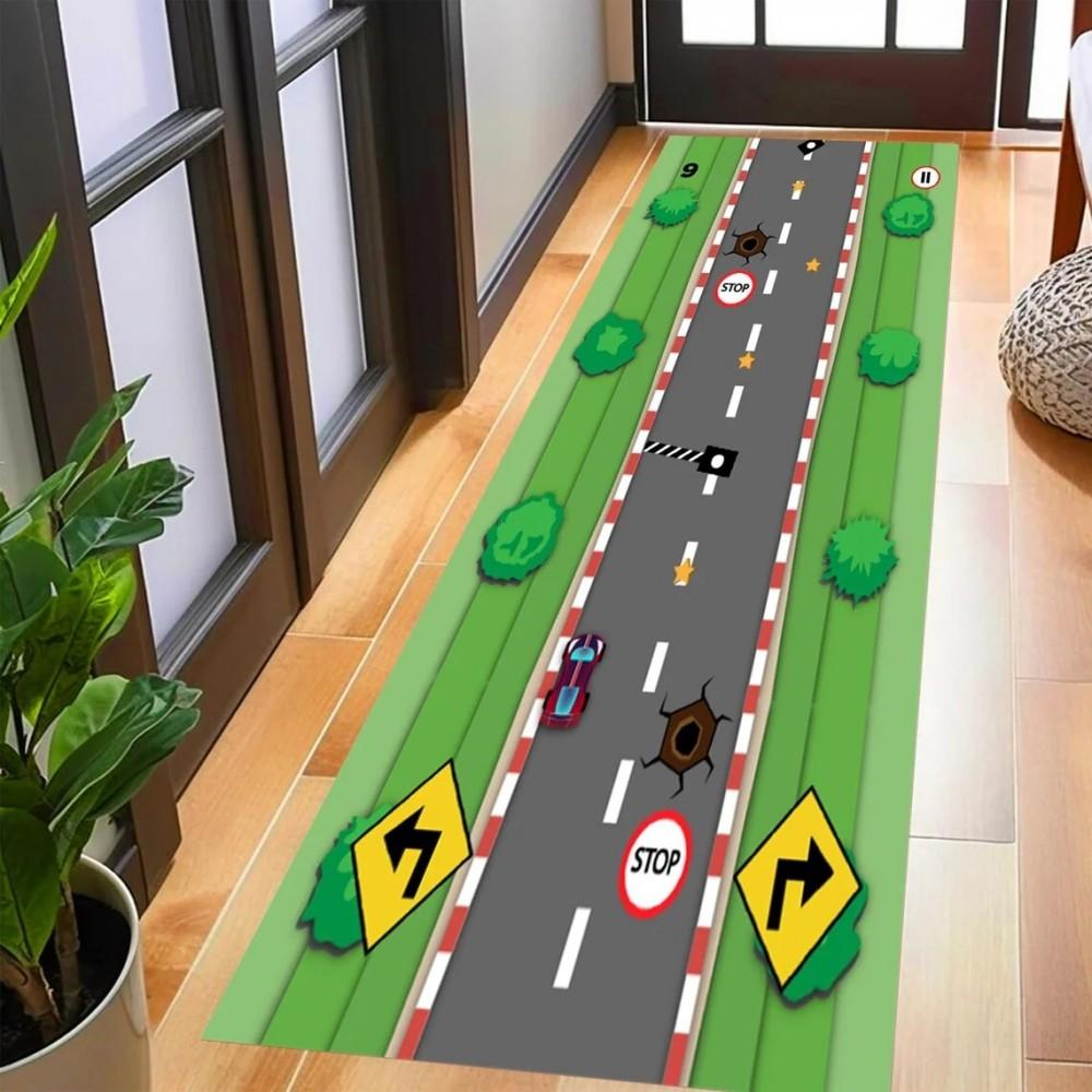 Children's Cartoon Airport Runway Rectangular Rug Non Slip Soft Washable Floor Mat for Kids Room Bedroom Playroom Home Decor