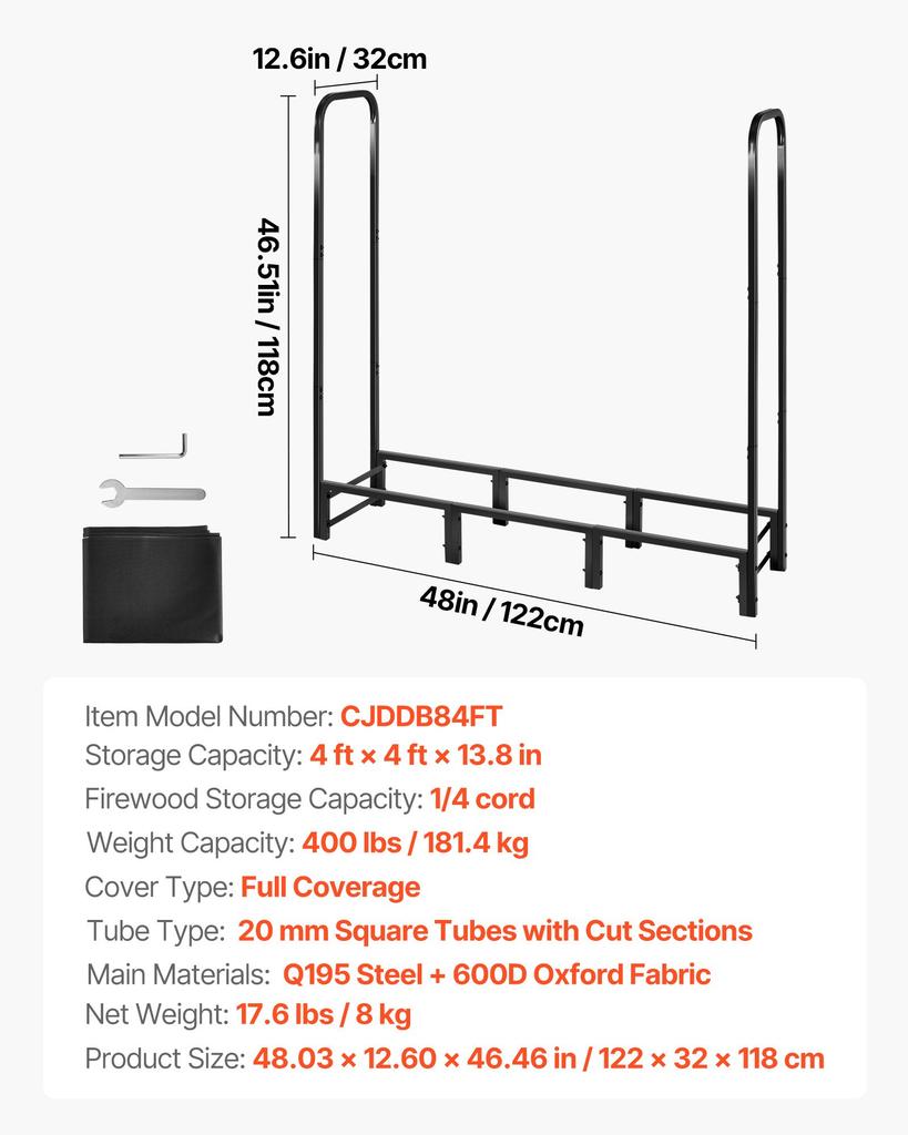 VEVOR Firewood Rack with Waterproof Cover, 1.22m Outdoor Firewood Holder, 1/4 Cord Storage Metal Log Holder, 400lb Max Weight Capacity, Full Covered
