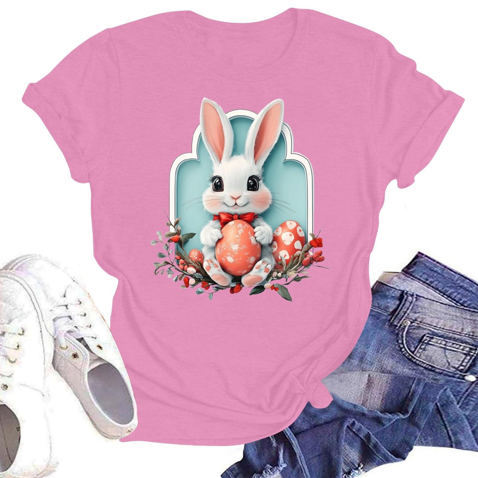 

Счастливой Пасхи женская мода принтованный круглый вырез короткий рукав футболка пуловер топ S розовый