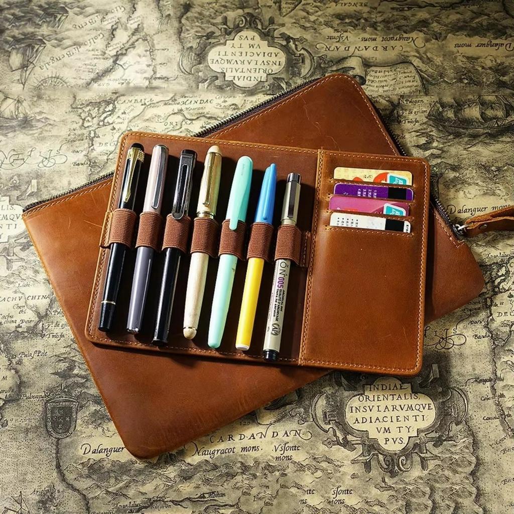 Genuine Leather Zipper Pen Bag A5 Portfolio Large-Capacity With Pen Pouch And Card Holder Retro Stationery Bag For School And Office