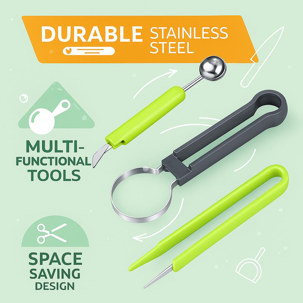 4 In 1 Stainless Steel Fruit Tool Set Melon Ball Spoon Set Knife Shape Set Fruit Carving Knife Cutter Watermelon Slicer Kitchen Accessories