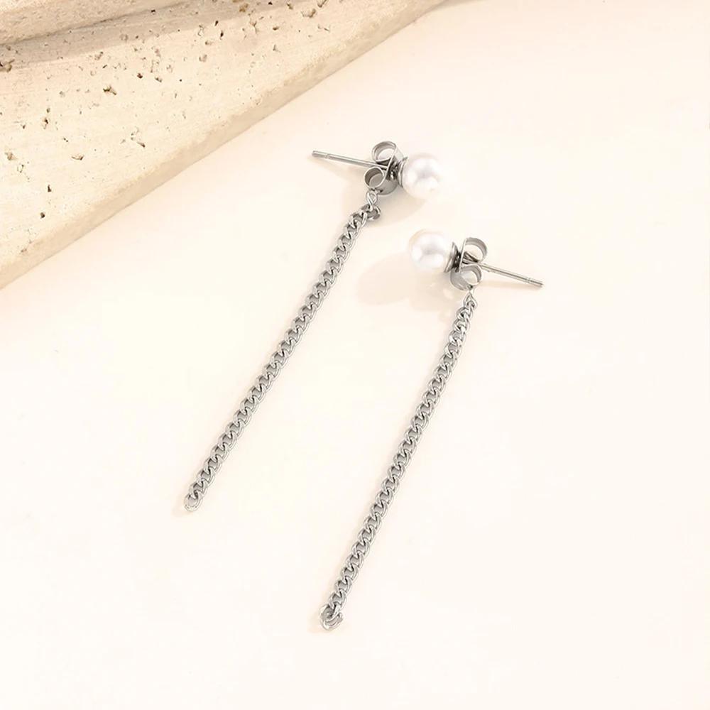 EManco Imitation Pearl Pendant Earrings Stainless Steel Cuban Chain Tassel Women's Engagement Office/Career Minimalist Jewelry