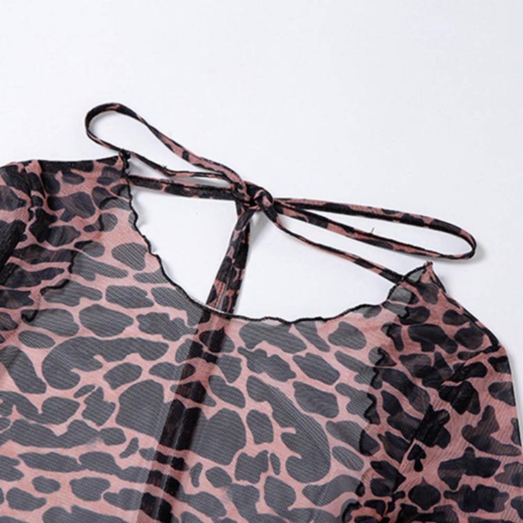 New Spring Summer Women Mini Dress Leopard Print Loose Flare Sleeve Halter Backless Hip Style Short Ladies