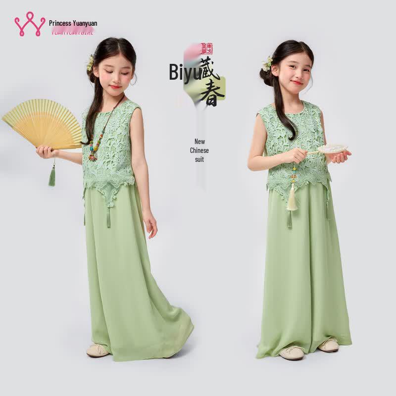 

Girls New Chinese Style Lace Sleeveless Top & Wide-Leg Pants Set 160