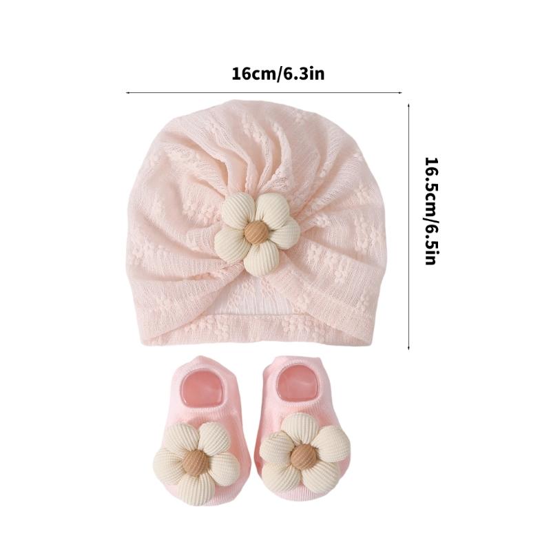Elastic Infant Turban Hat Breathable Fetal Caps & Matching Socks Set Stylish Girls Clothing Accessories for Baby