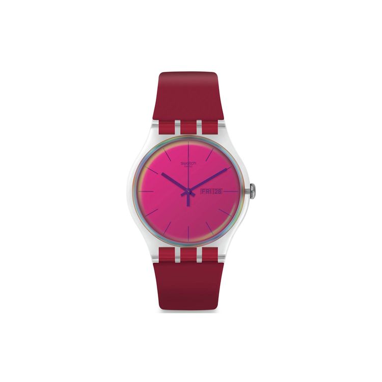 Swatch New Gent Quartz Watch 47.4Mm Pink Dial Plastic Case Silicone Strap Unisex watches SUOK717 Red