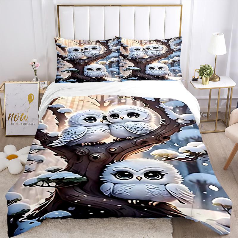 3pcs Anime Owl Comforter Set with One Quilt Cover and Two Pillowcases (No Core) - Festive Gift for Home Decor, Polyester Fabric, Cartoon Design, Suita