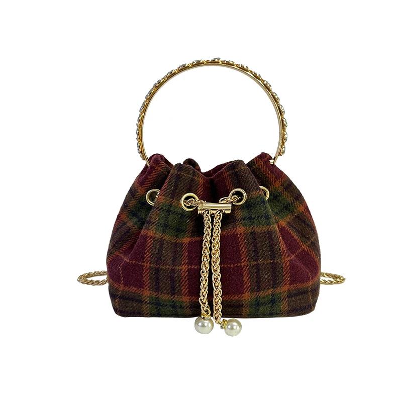 Damen-Umhängetasche mit Kette, neue Retro-Karo-Wolle, einzelne Schultertasche aus Cord