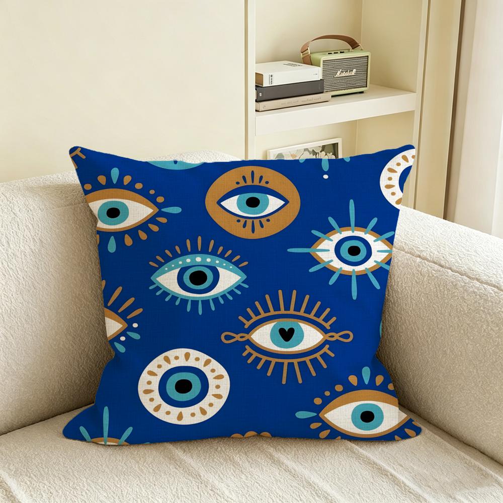 L-Lucky Evil Eye Cushion Cover Natural Linen Pillowcase Set, All-In-One Decor For Sofa, Bedroom & Chair