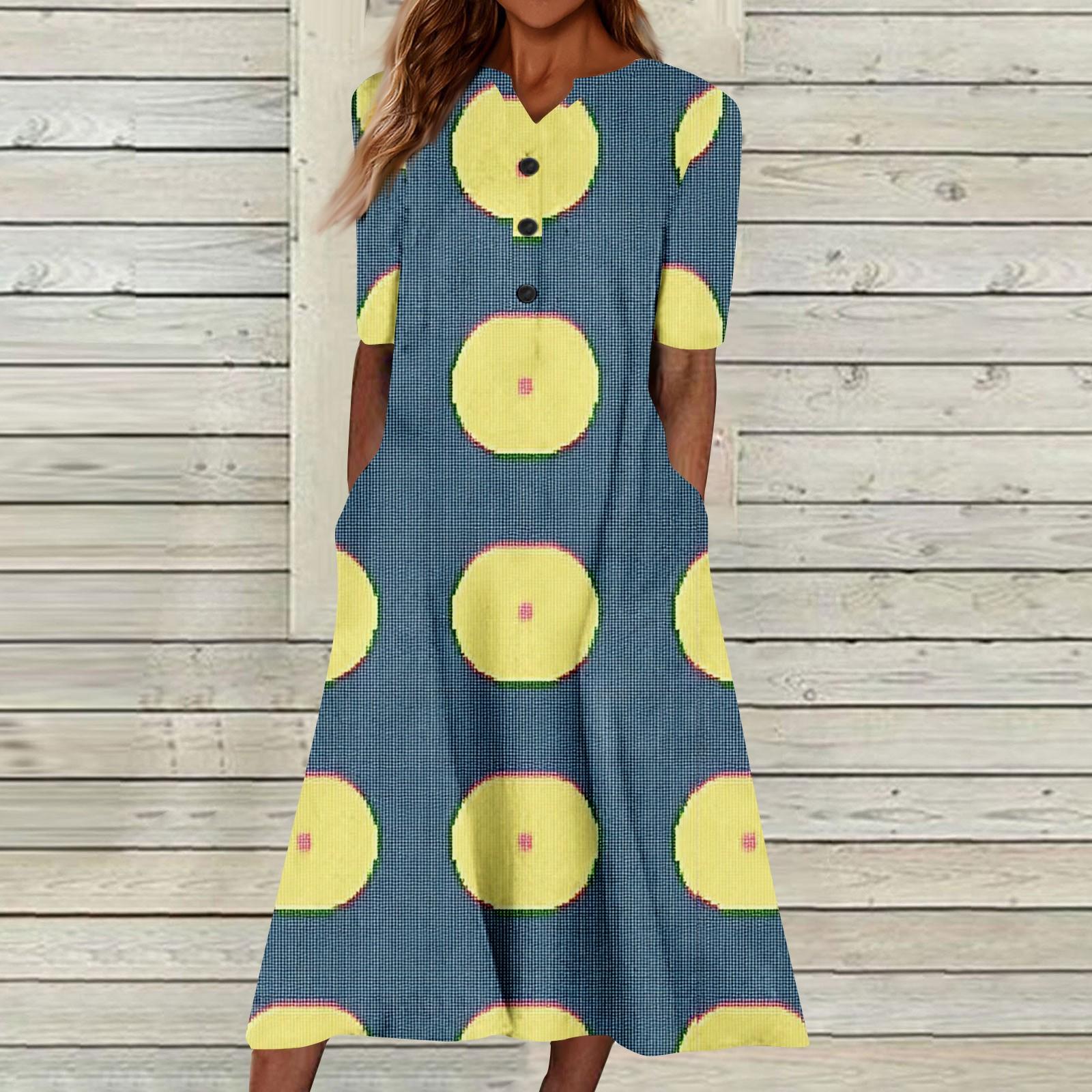 Women Summer Casual Floral Gradient Print Short Sleeve Dress Loose Fit Button Front Midi Dress with Pockets S