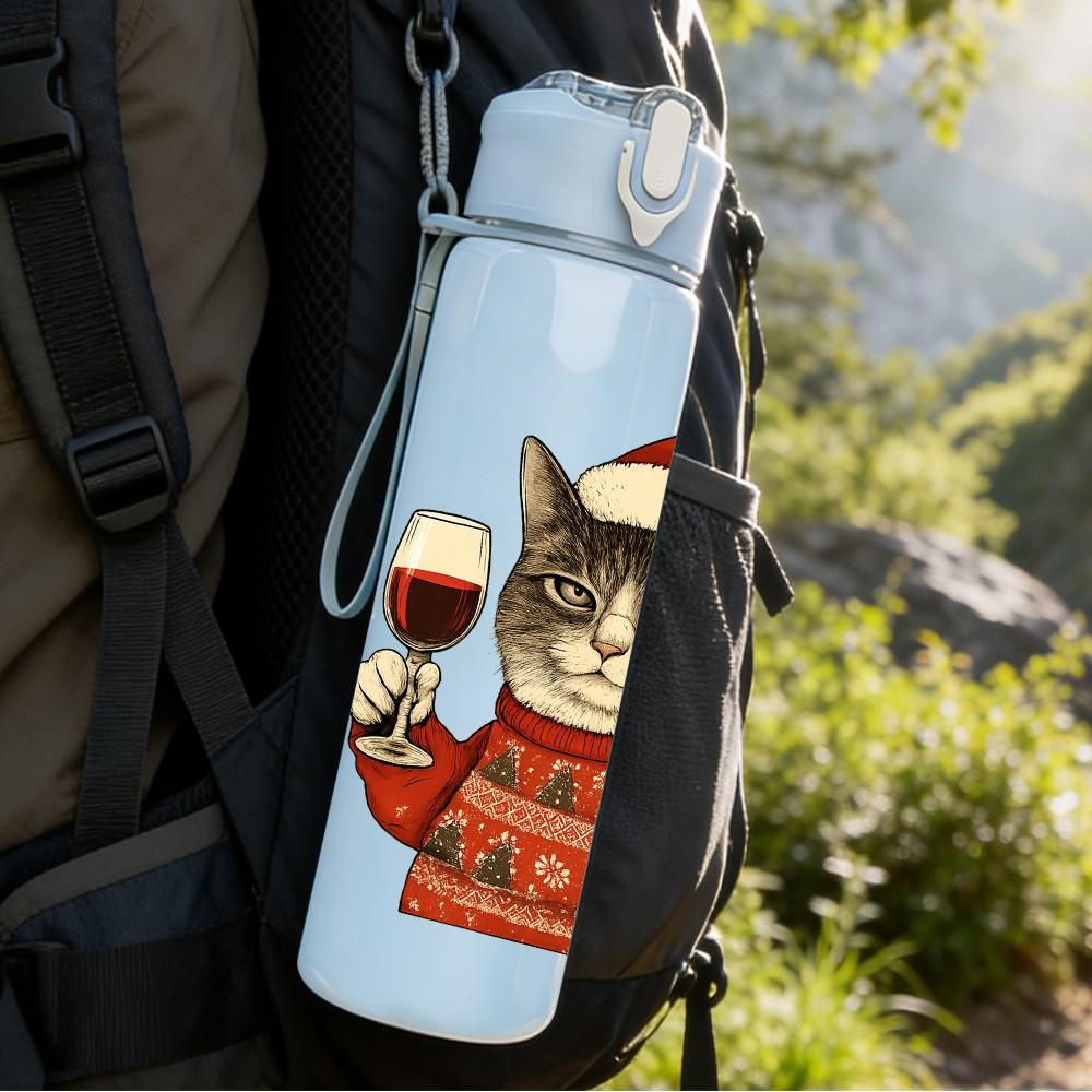 1PC Wine Drinking Santa Cat 750ml Color Plastic Sports Water Bottle Leakproof Flip Straw Lid Suitable for Sports Office Home Use