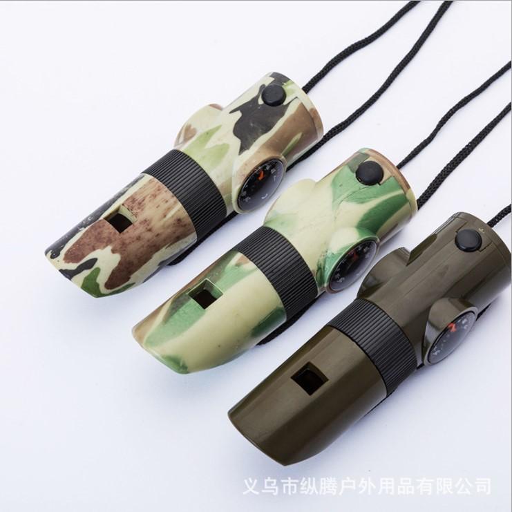 1Pc Outdoor Survival Supplies 7-in-1 Whistle Multi-functional Portable Emergency Compass Magnifying Glass Flashlight Thermometer