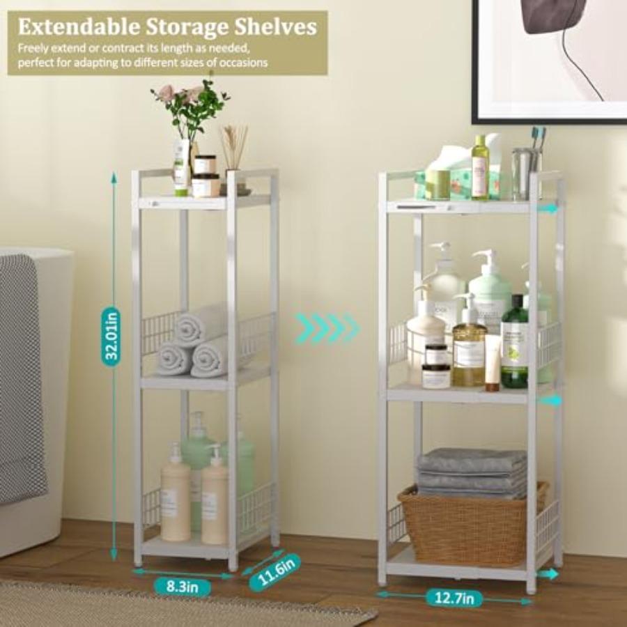 Expandable Slim Storage Shelf 3 Tier Metal Shelving Unit for Bathroom Storage Organizer Free-Standing Narrow Shelf Open Floor S