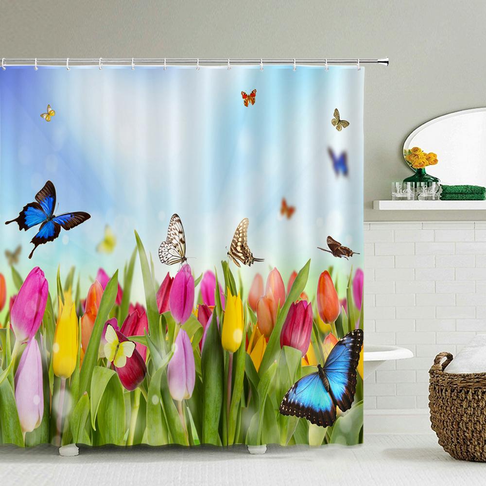 Floral Shower Curtains for Bathroom, Spring Flower Butterfly Bathroom Decor with Hooks, Washable Polyester Fabric Shower Curtain