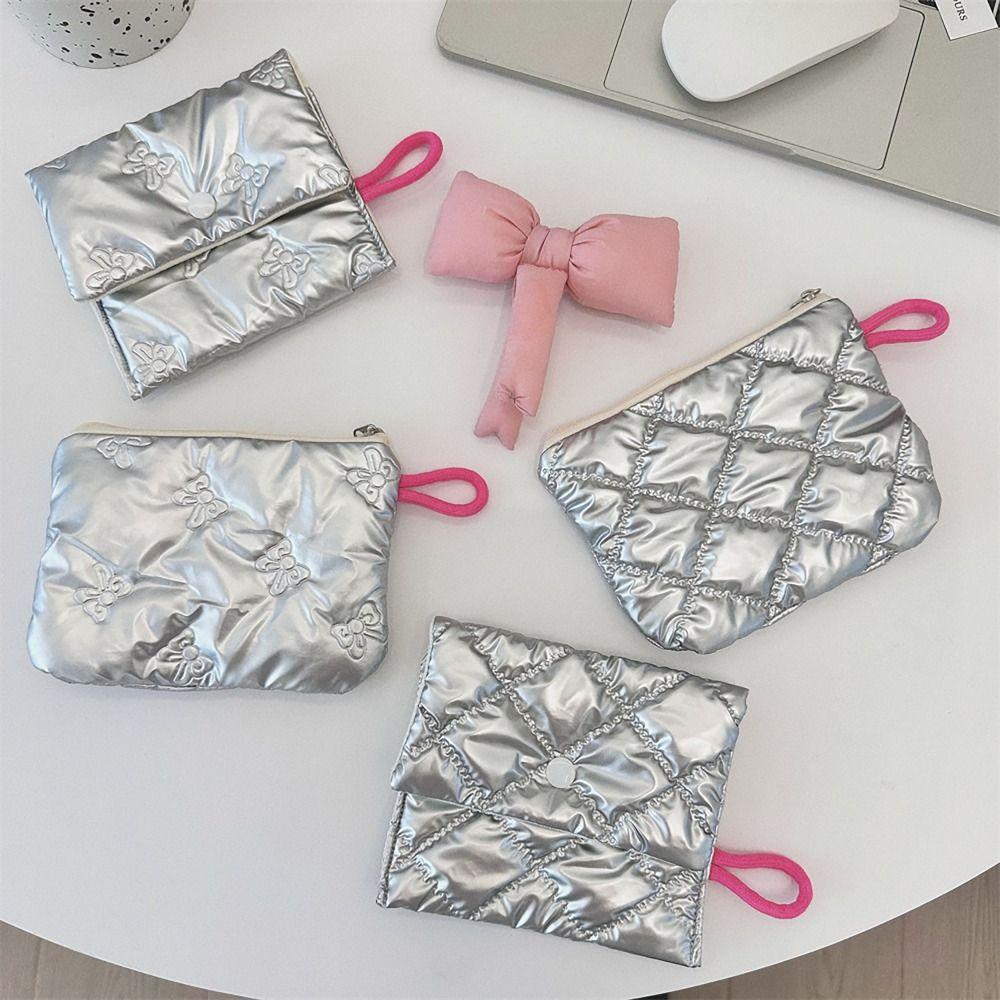 Zipper Button Sanitary Mat Bag Love Bow Credit Card Holder Simple Makeup Organizer for Woman Girls