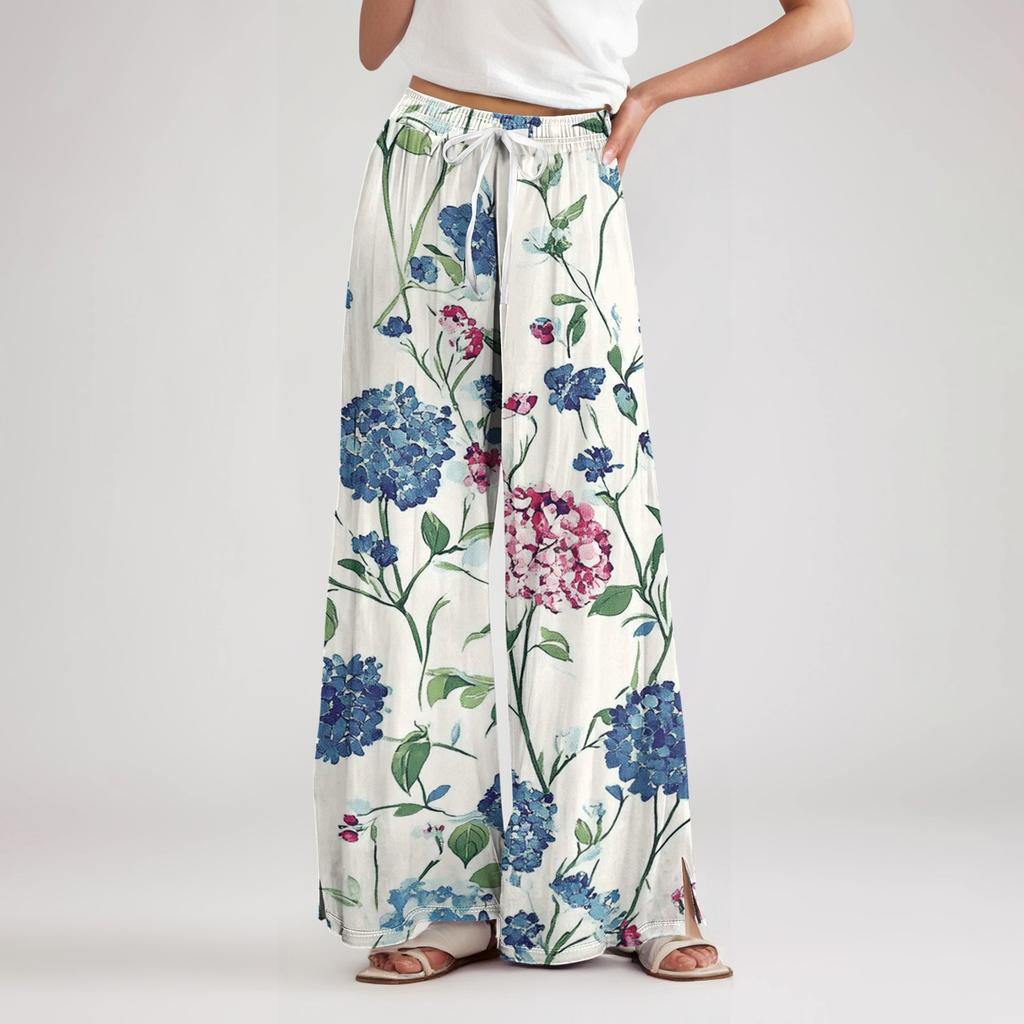 Women's Loose Casual Floral Print Wide Leg Pants With Elastic Waist Drawstring And Pocket Pants
