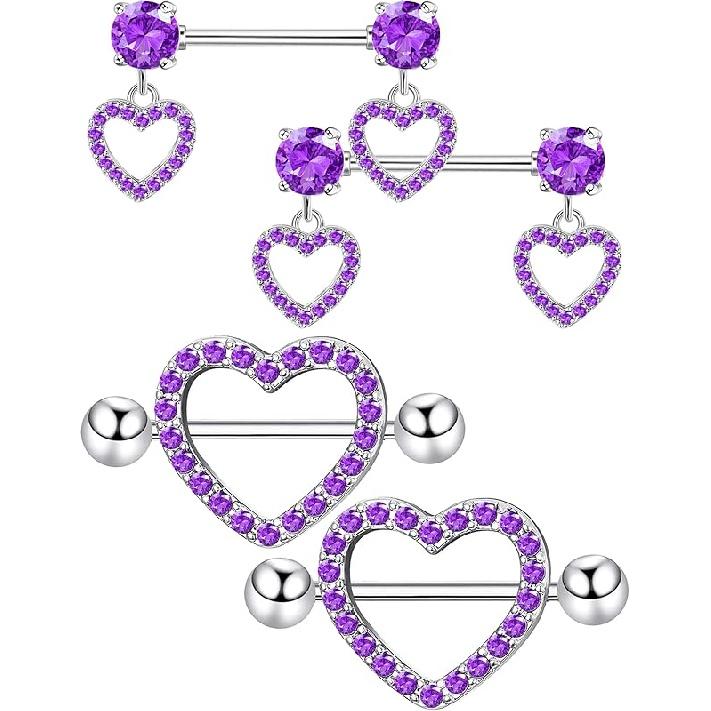 Staligue 2 Pairs Titanium Nipple Rings for Women 14G Nipple Piercing Heart CZ Barbell Body Nipple Piercing Jewelry