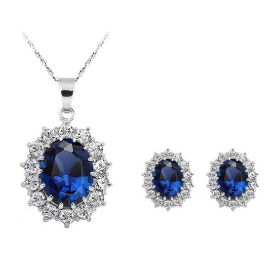 Bridal Fashion Jewelry Sets For Women Blue Full Crystal Flower Pendant Necklace Earring Set