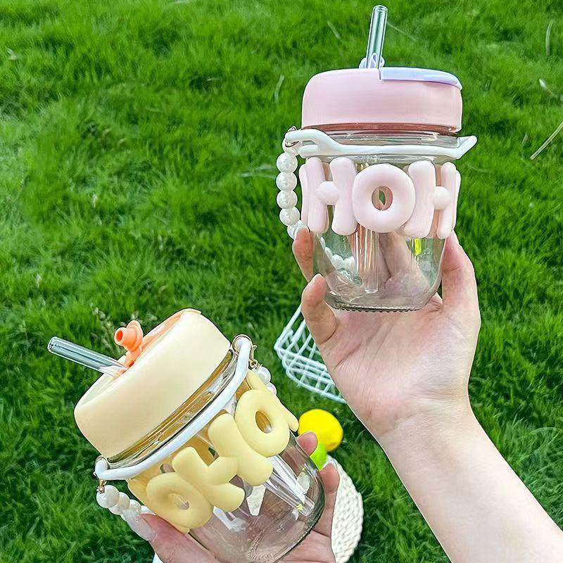 Drinking Cup Transparent Glass High Value Anti-Scalding Cute Straw Cup Pearl Bracelet Letter Water Cup