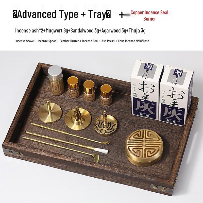Brass Incense Ceremony Set: Seal Tools, Ash Press, Incense Powder, Burner, Shovel, Spoon, Stamp.