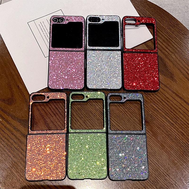 Luxury Sparkling Solid Color Back Cover for SamSung Galaxy Z Flip 8 6 5 4 3 Flip7 FE Sequin Shiny Hard PC Bling Lattice Case
