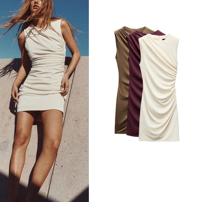 Spring New Arrival Women's Clothing Fashion Style Elegant White Ruched Silm Sleeveless Elegant Dress 8338250