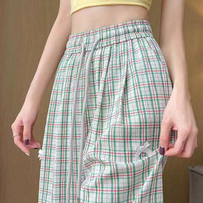 Women's Patchwork Color Contrast Plaid Loose Mopping Casual Fashion Wide Leg Pants