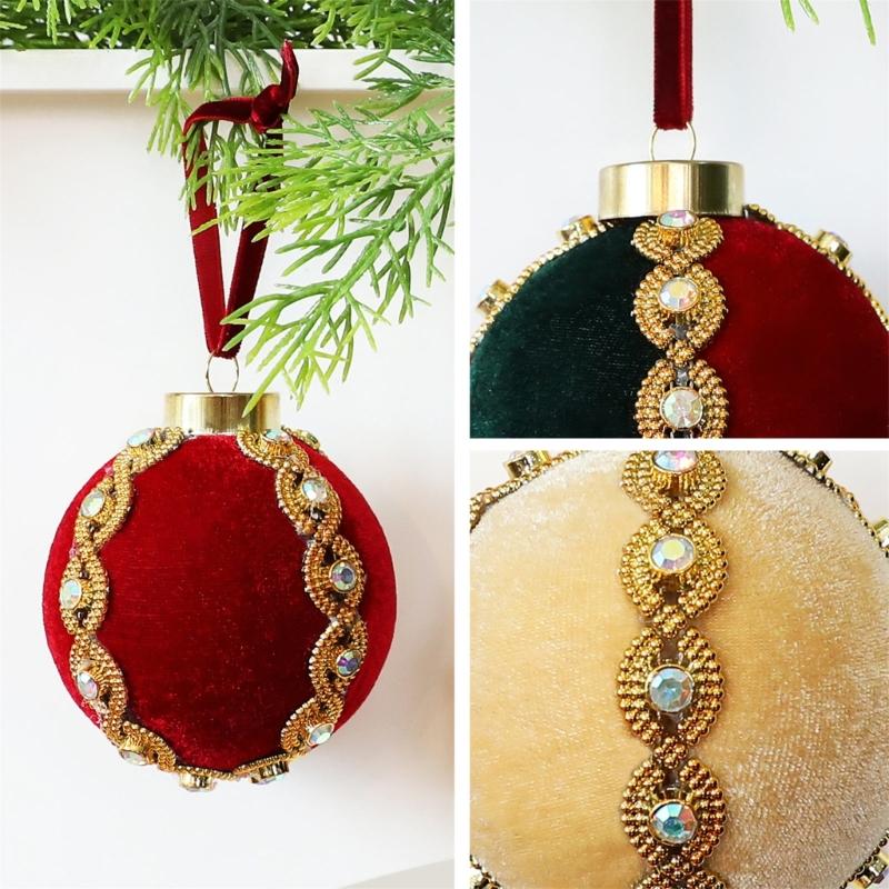 Christmas Tree Ball Hanging Ornament Velvety Bauble Decoration with Beaded Trim for Holiday Tree Wreath Styling