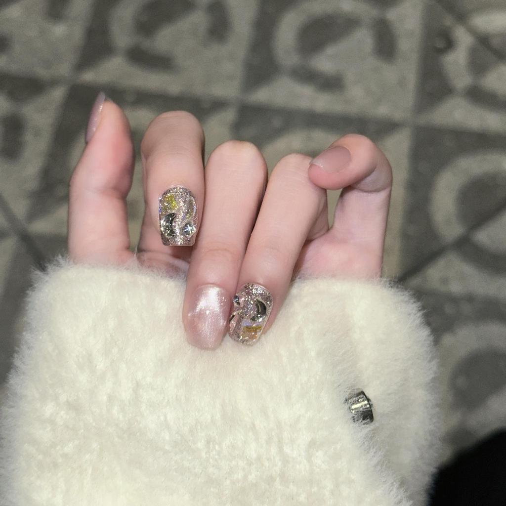 Handmade Water Ripple Cat Eye Press-On Nails with Rhinestones