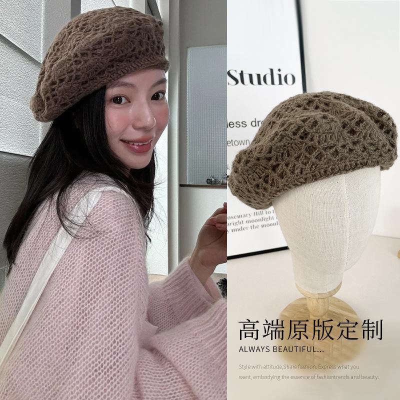 Versione Coreana Berretto a Maglia Retro Maillard da Donna Autunno Inverno Caldo Piccolo Cappello da Pittore Facciale Cappello in Lana Intrecciata