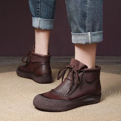 2024 Autumn Vintage Handmade Soft Leather Sewing Short Boots Low Heel Round Head Short Tube Boots Rubber Women's Short Boots